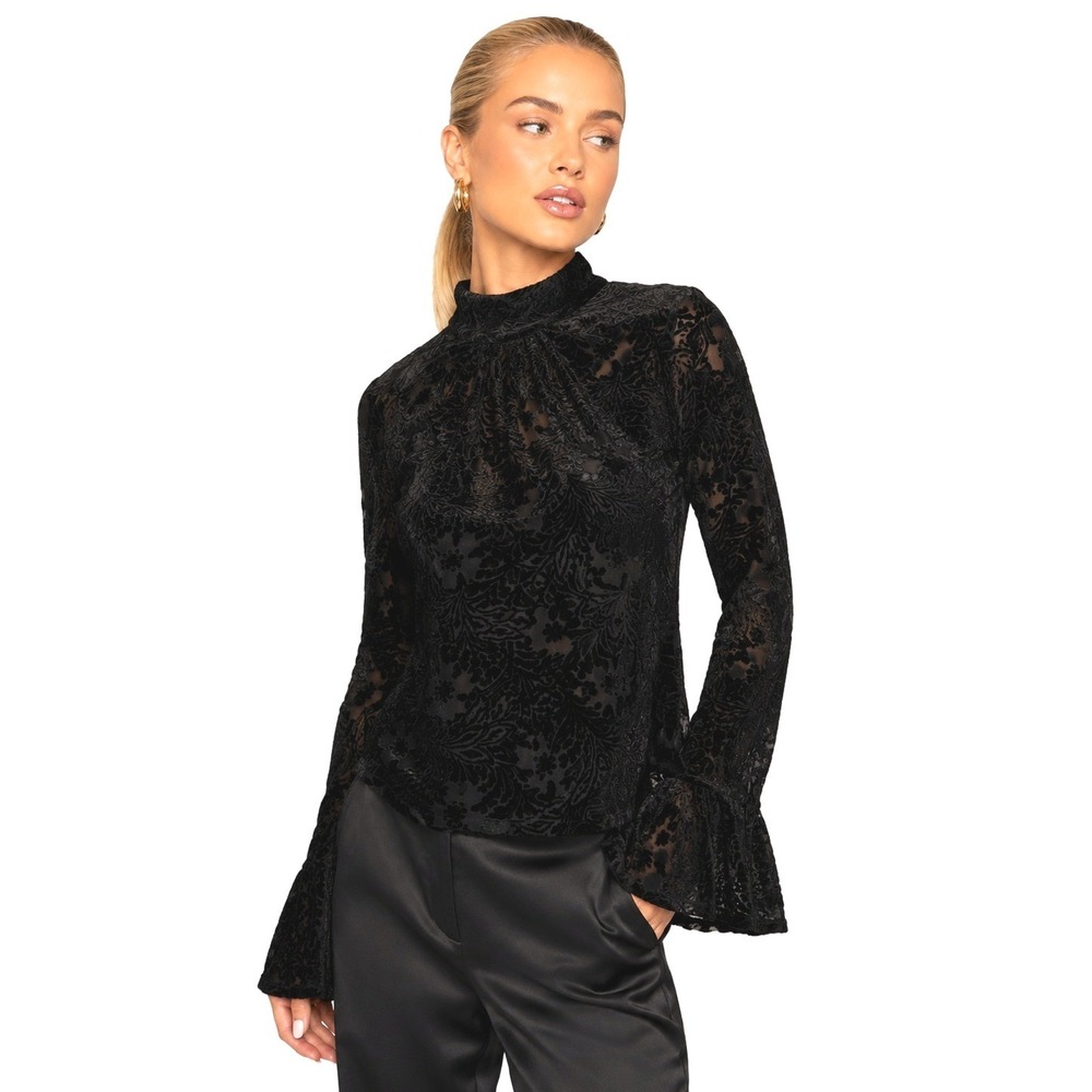 NWOT 1.STATE Black Floral Burnout Velvet Mock Neck Flared Cuff Blouse Top M